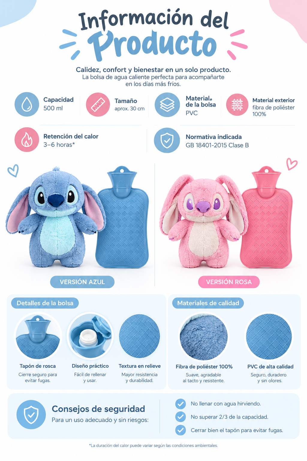 Bolsa de agua caliente con peluche a juego